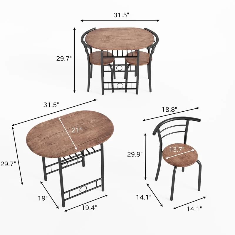 Shahoo 3-Piece Wooden Dining Table Set, Kitchen Breakfast Nook Sets with 2 Chairs & Round Tabletop, Space Saving Furniture Metal Frame and Built-in Wine Rack, Walnut