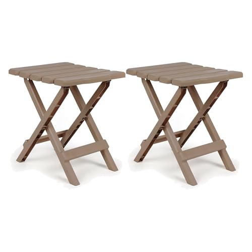 Camco Adirondack Portable Outdoor Camping Small Weatherproof Rustproof Durable Plastic Folding Side Table for Indoor and Outdoor Use, 2 Pack, Taupe
