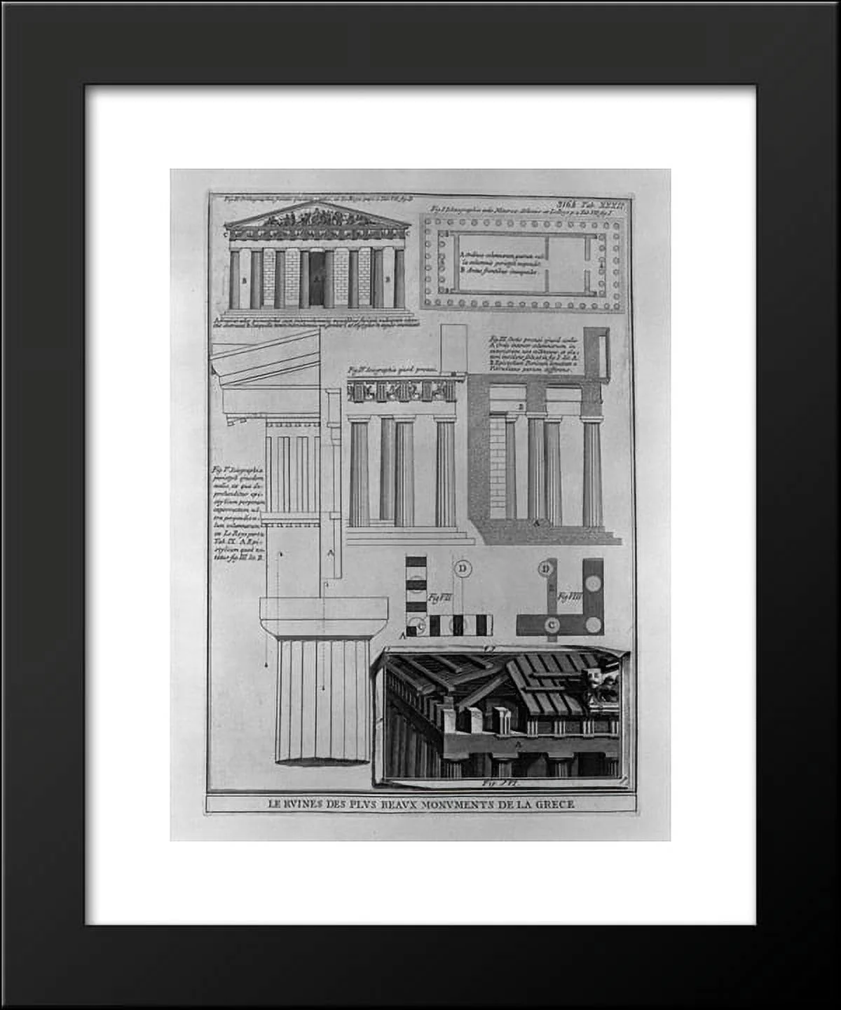 Plan, elevation and details of Doric temples in Greece (from Le Roy) 20x24 Fr...