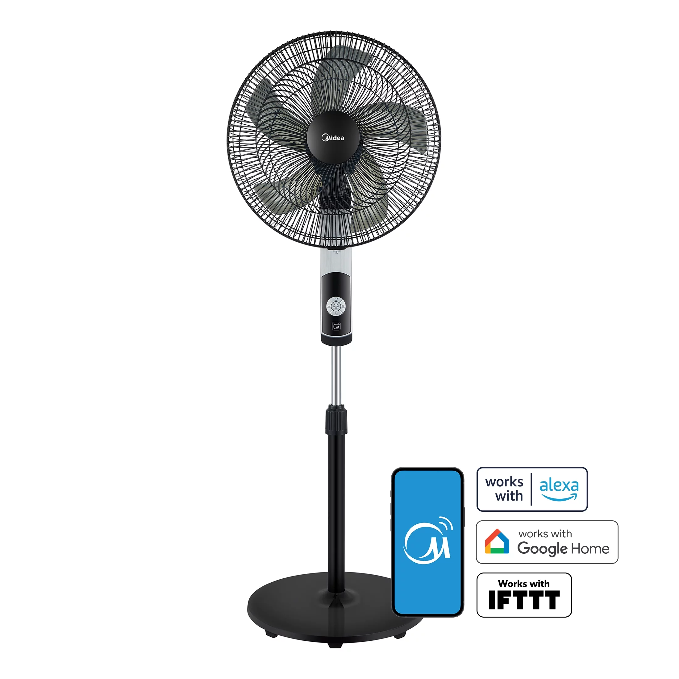 Midea 16-inch Smart Pedestal DC Fan with Wi-Fi, Black