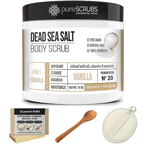pureSCRUBS Premium Eucalyptus Body Scrub Set - Large 16oz Dead Sea Salt Body Scrub With Infused Essential Oils & Nutrients, Includes Wooden Spoon, Loofah & Oatmeal Exfoliating Bar Soap