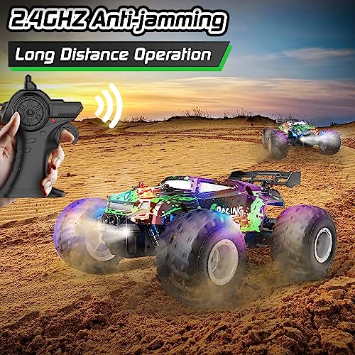 Remote Control Car, 1:18 Scale All Terrain RC Cars, 2WD 20Km/h with Colorful LedLight and Two Rechargeable Batteries, Remote Control Monster Truck Off Road Racing Car Toys for Kids and Boys