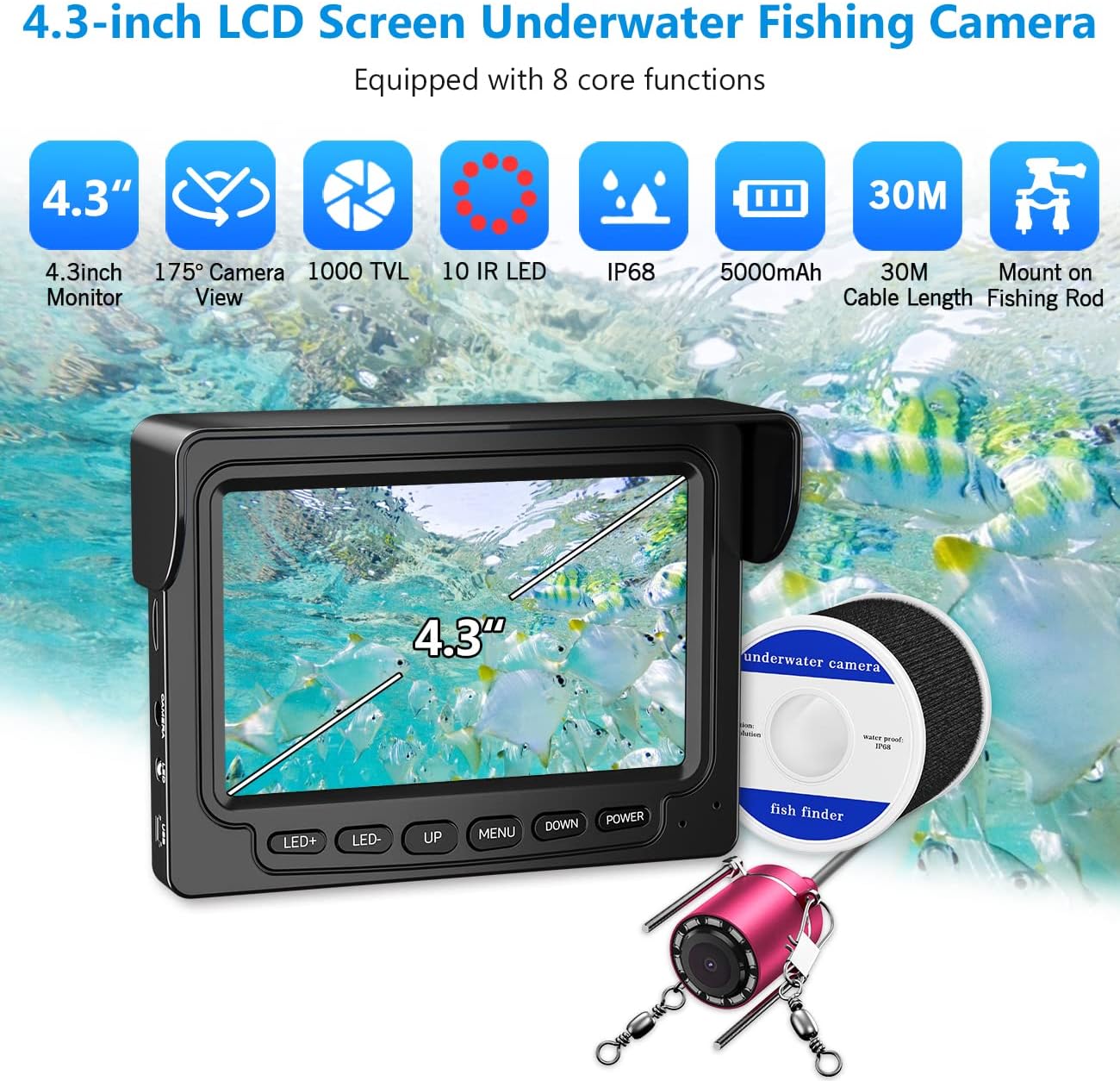 Portable Underwater Fishing Camera, 4.3 inch HD 1000TVL Color Monitor Ice Fishing Camera with 30m/98ft Cable, Waterproof IP68 Fish Finder Red IR Infrared LED Lights for Ice Sea Lake Boat Fishing