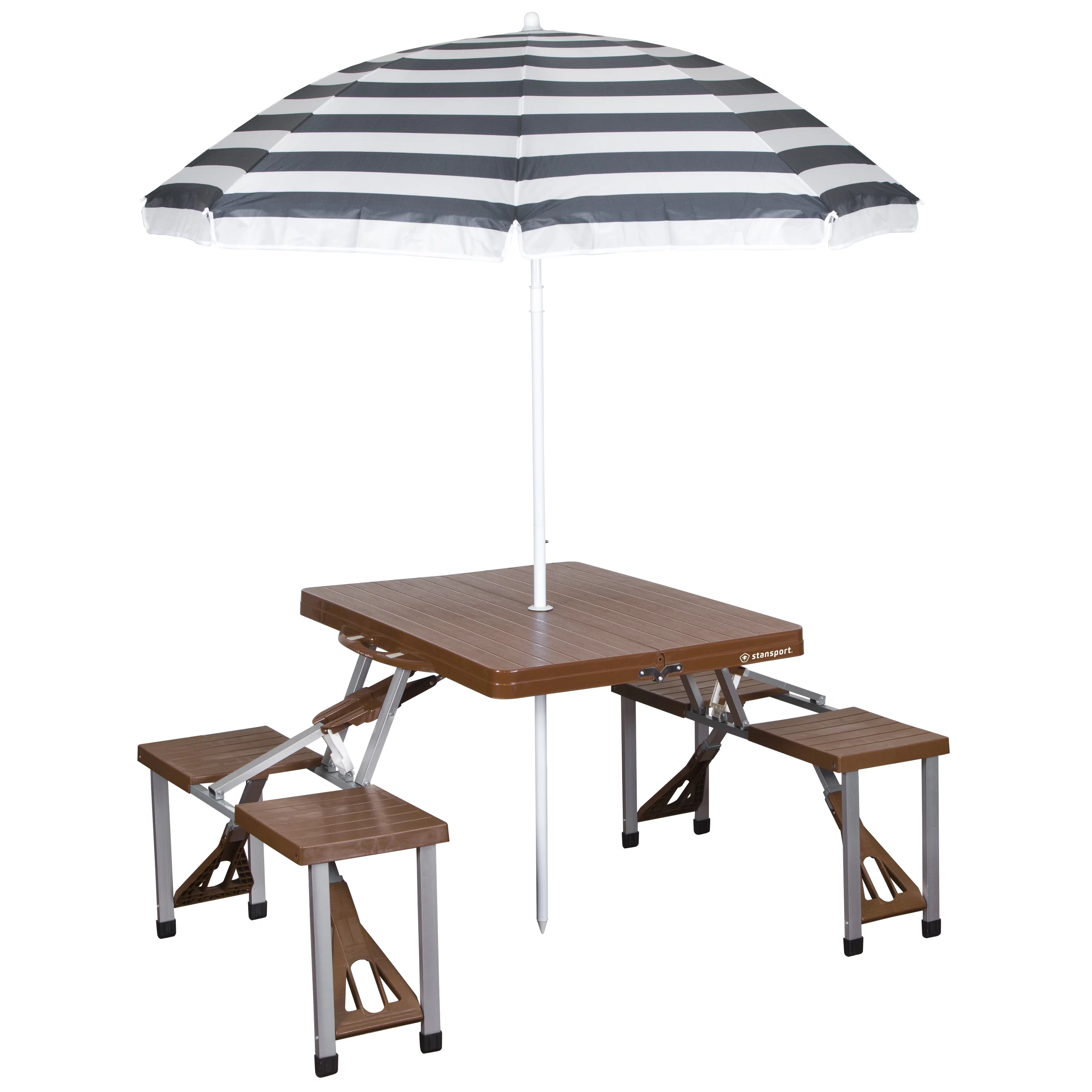 Stansport Picnic Table and Umbrella Combo - Brown - High Impact Plastic