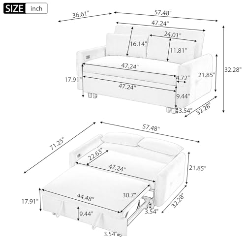 3 in 1 Sleeper Sofa Couch Bed w/USB & Type C Dual Port, 57