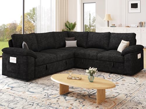 108 Inch Sectional Sleeper Sofa with Pull Out Bed, U Shaped 7 Seat Modular Sectional Sofa with Storage, Sectional Couches for Living Room, Cloud Modular Couch, Removable Sofa Cover, Dark Grey