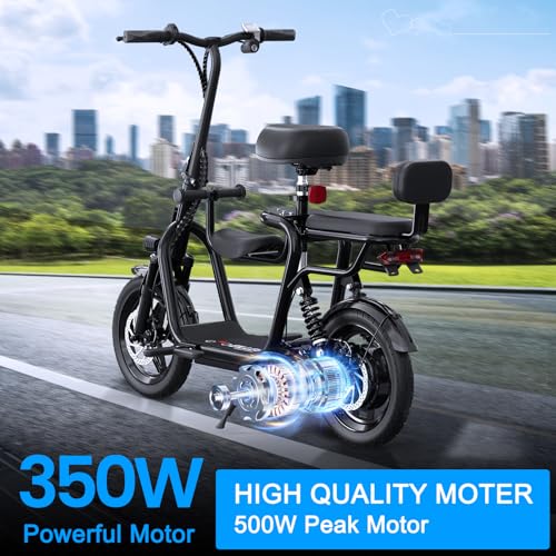 Electric Scooter with 3 Seats for Adults Power by 350W Motor 500W Peak, E Bike with 14