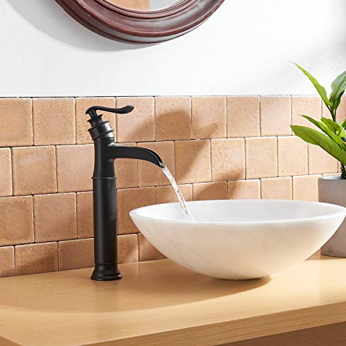 BWE Vessel Sink Faucet Waterfall Matte Black with Pop Up Drain Without Overflow and Supply Lines, Black Sink Faucet Bathroom One Handle Faucets Vanity Bath Mixer Tap