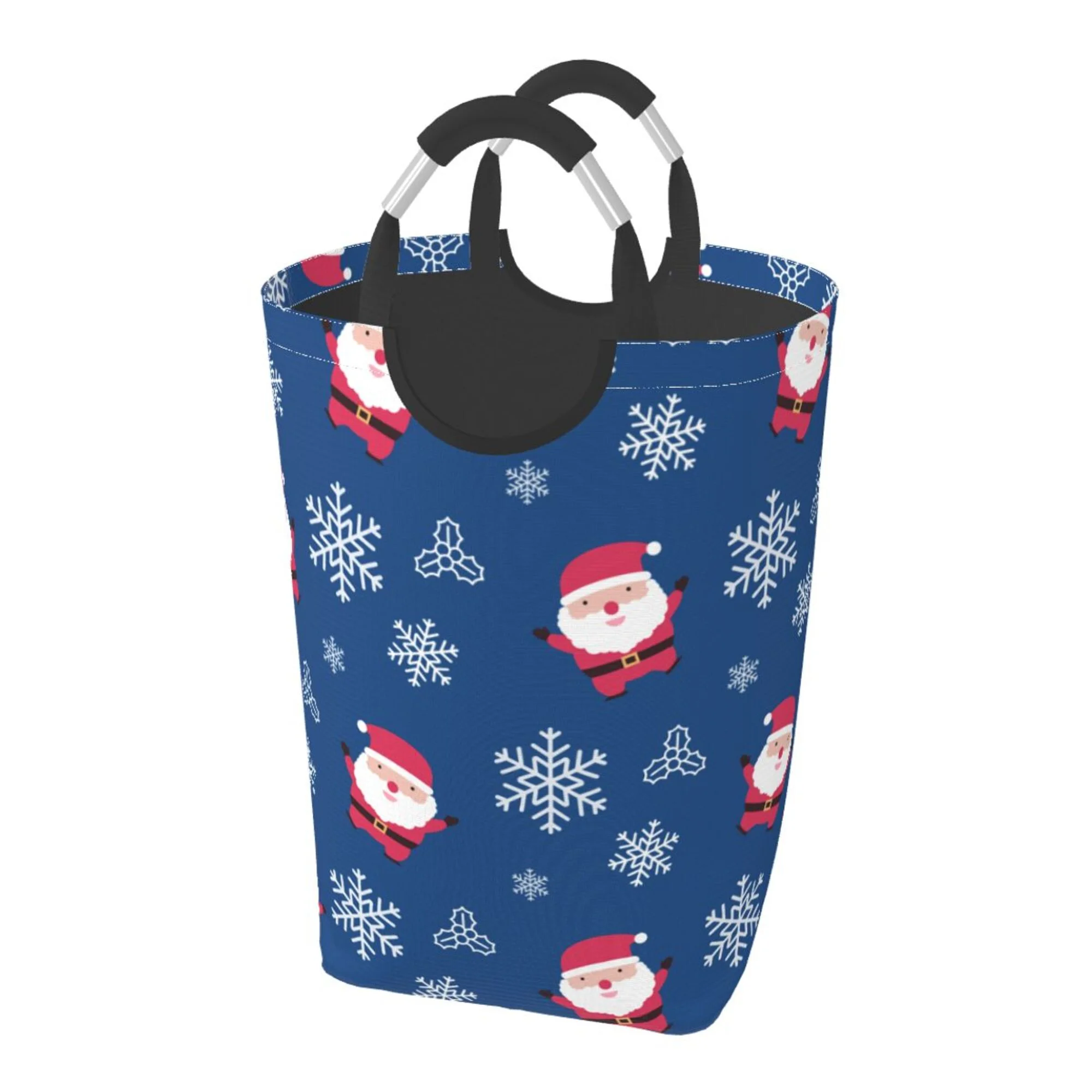 TEQUAN 50L Large Rectangular Laundry Hamper with Aluminum Handles, Santa Claus Snowflake Prints Waterproof Foldable Dirty Clothes Basket