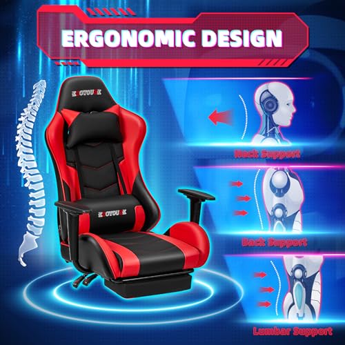 ECOTOUGE PC Massage Gaming Chair with Footrest Ergonomic Office Desk Chair Racing PU Leather Recliner Swivel Rocker with Headrest and Lumbar Pillow, Blue