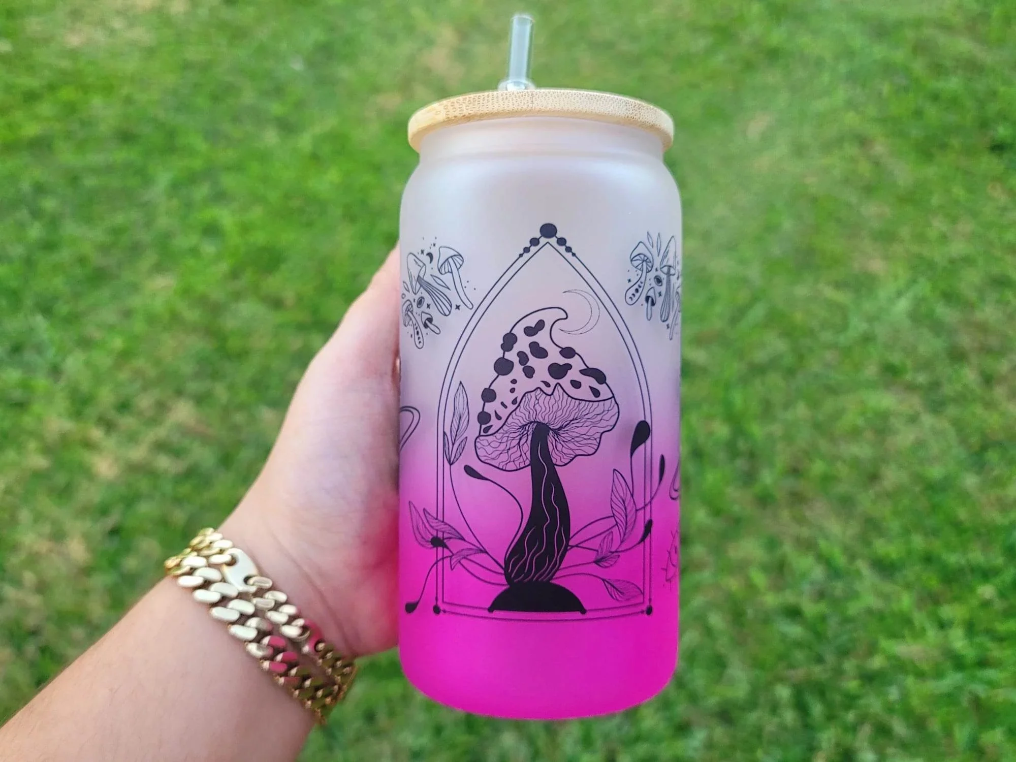 Mushroom Beer Can Glass | Boho Mushroom Coffee Glass | Aesthetic Coffee Glass | 16 oz