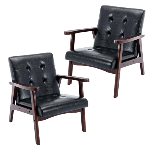 ANJ Mid Century Modern Accent Chair, Tufted Fabric Upholstery, Wood Frame, Beige