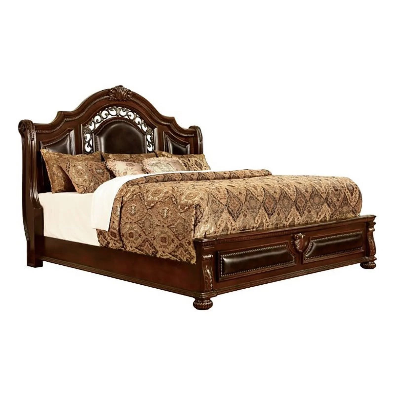 Bowery Hill Traditional Solid Wood Panel King Bed with Faux Leather in Cherry