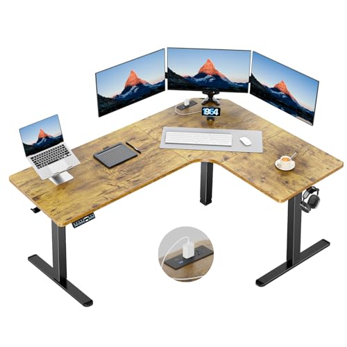 HUANUO 63″ Dual Motor L-Shaped Standing Desk, Built-in Power Outlets, Electric Height Adjustable Corner Computer Desk, Large Power Strip Holder, Sit Stand Up Desk with 3 Preset Heights, Vintage Brown