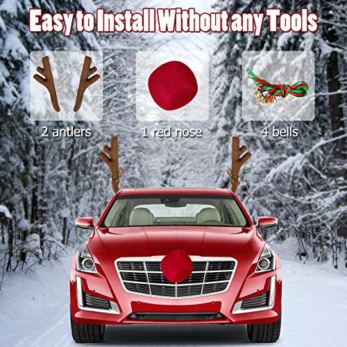 Car Christmas Reindeer Antlers & Nose Decorations,Rudolph Set Reindeer Ornament Costume Auto Accessories for Any Vehicle Decor