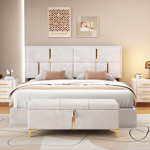 2 Piece Queen Bedroom Furniture Set with Ottoman, Queen Upholstered Platform Bed with Hydraulic Storage System and Storage Ottoman, 2 Piece Bedroom Furniture Set, Beige