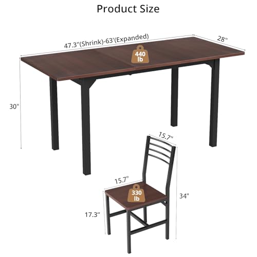 VOWNER 63” Extendable Dining Table Set for 4-6 People, 5-Piece Dining Table Set for 4 People with 4 Chairs, Kitchen Table Set with MDF Board and Metal Frame, for Small Space, Apartment, Nature Wood