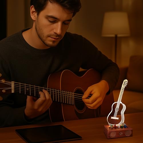 Light Up Guitar Pick Holder, Acrylic Electric Guitar Pick Holder with Audio Styling Wooden Base for Picks Storage and Display, Gift for Guitar Players Guitarists