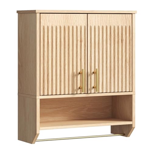 HOOBRO Fluted Bathroom Wall Cabinet, Farmhouse Medicine Cabinet with 2 Fluted Doors, Wall Storage Shelf with Towel Rack, Adjustable Shelf, for Small Spaces, Bathroom, Kitchen, Natural