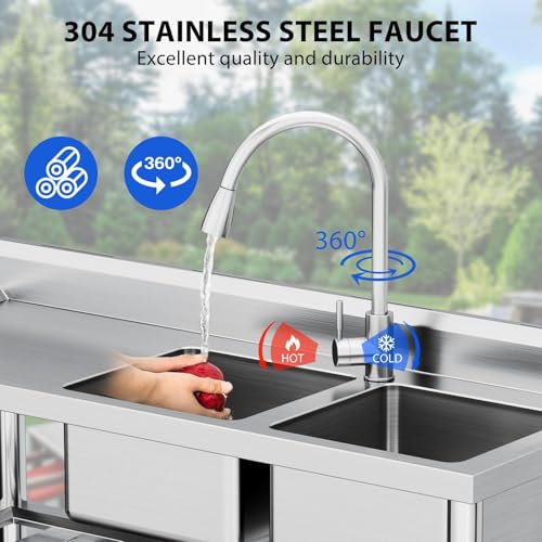 Stainless Steel Utility Sink with Pull-Down Faucet - 47x18x32 Inch Freestanding Double Bowl Commercial Sink Set, NSF Certified for Kitchen, Restaurant & Garage Use