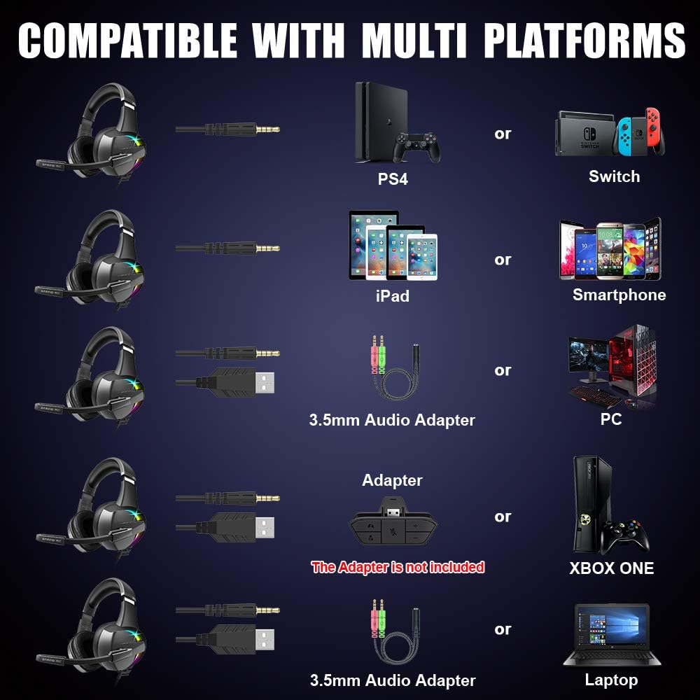 BENGOO GM7 Gaming Headset Headphones for PS4, Xbox One, PC Controller Surround Sound Over Ear Headphones with Noise Canceling Microphone, LED RGB Light On-Line Volume for Laptop Mac PS3 (Black)