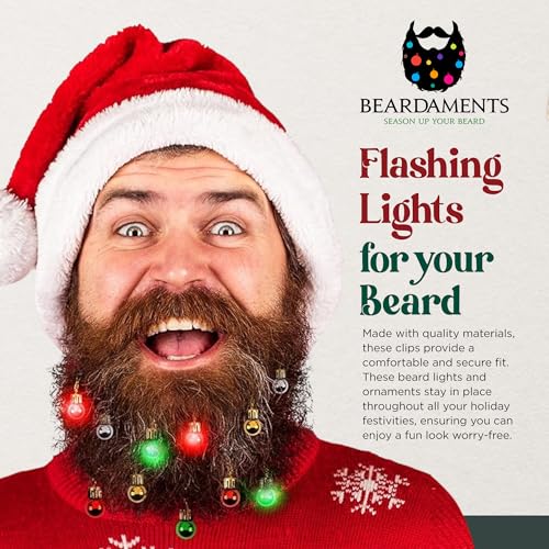 Beardaments Beard Lights - Light-Up Beard Ornaments for Men - Colorful Christmas Beard Baubles with Easy Clip Attachment - Funny Christmas Ornaments - 16pc