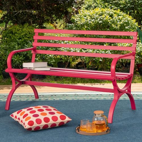 PHI VILLA 50-Inch Cast Iron Steel Frame Garden Bench Outdoor Patio Bench Chair w/Floral Design Backrest, Slatted Seat for Park, Yard & Porch, Black