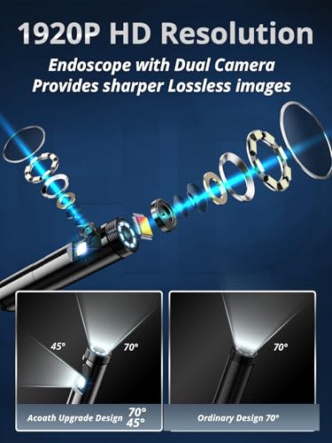 Endoscope Camera with Light, Dual-Lens 1920P HD Borescope with 8 Adjustable LED Lights, IP67 Waterproof Boroscope Inspection Tools, 16.4ft Semi-Rigid Snake Camera for iOS & Android