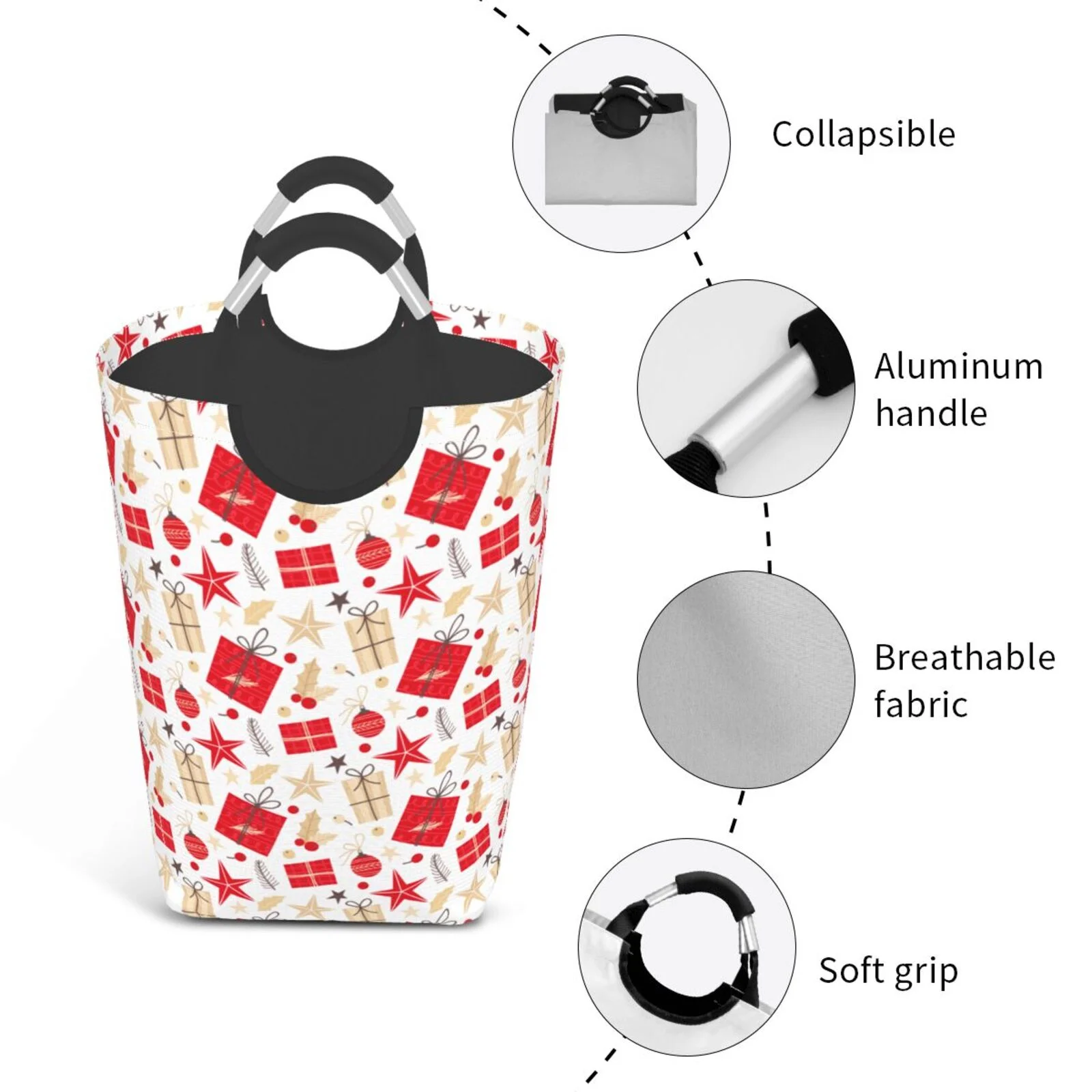 XMXT Collapsible Laundry Basket Hamper, Red Christmas Box Print Large Laundry Bag Clothes Hamper with Aluminum Handle, 50L