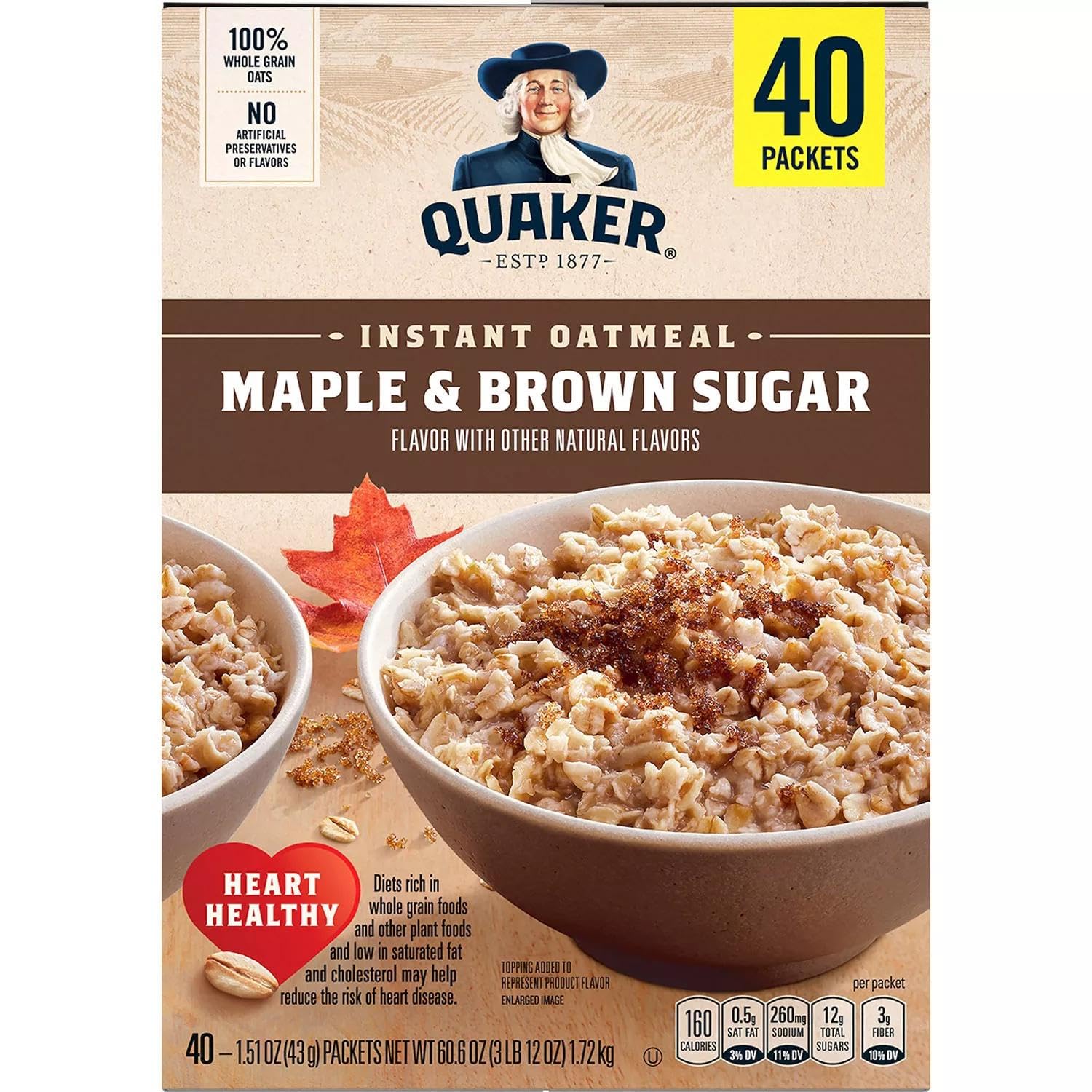 Quaker Instant Oatmeal, Maple & Brown Sugar, Individual Packets, 1.51 Ounce (Pack of 40)