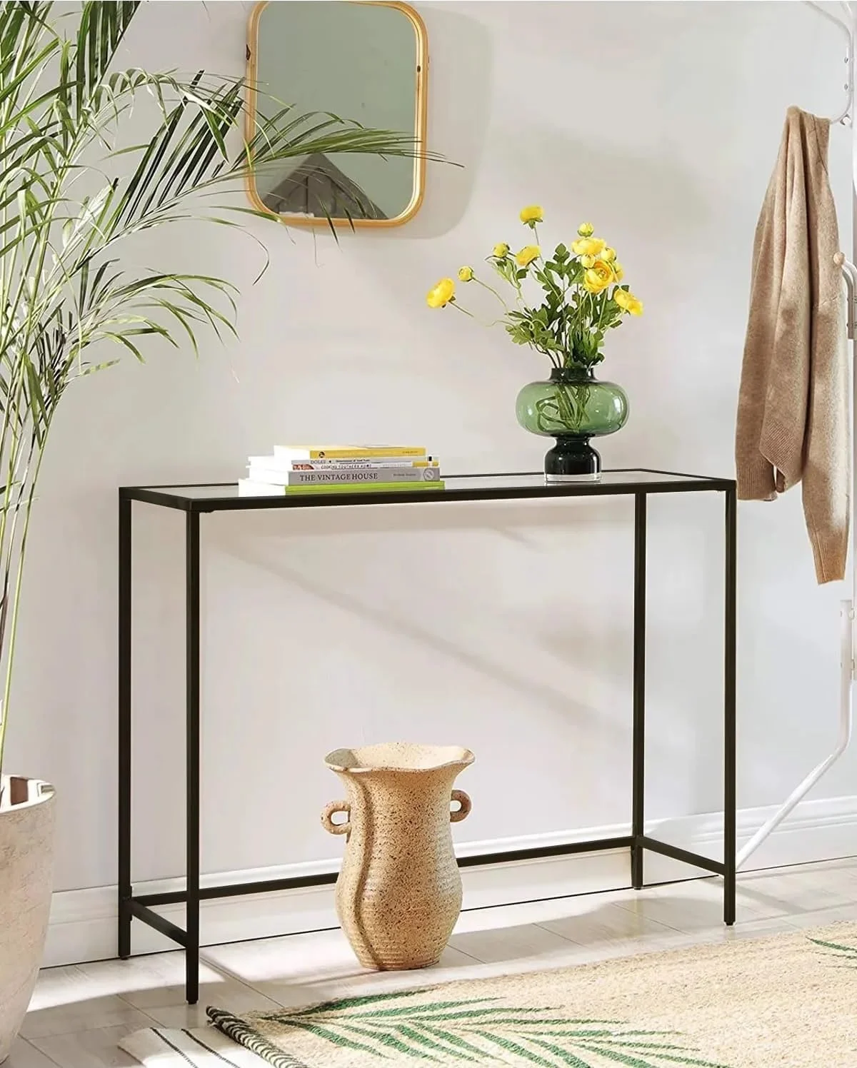 DEKOPRATIK - Canvas Glass Console Table, 39.3” Black Entryway Table,Narrow Hallway Table for Entry Way, Living Room Sofa Table Bed Room Home Office, Small Space, Clear Tempered Glass, Black