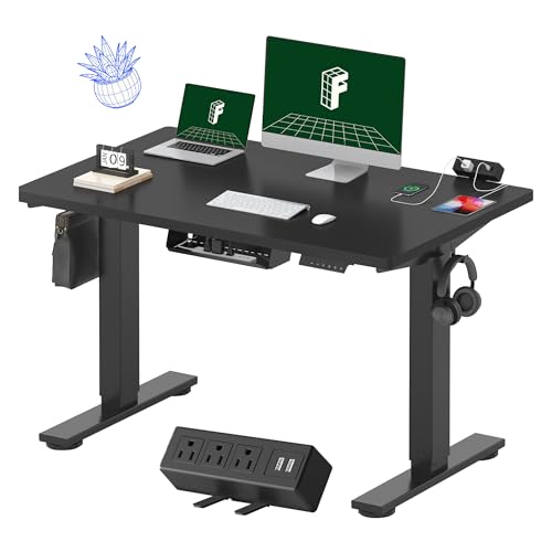 FLEXISPOT EN2 Whole-Piece Standing Desk with Clamp Power Strip, 55 x 28” Electric Stand Up Height Adjustable Desk with Cable Management (Black Frame + 55