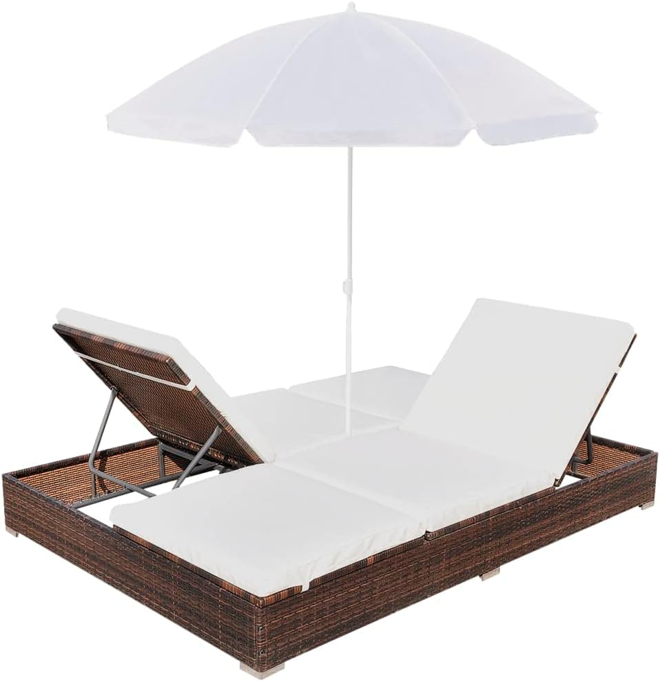 Double Sun Lounger with Cushion and Umbrella | 2-Person Patio Chaise Lounges | Adjustable Outdoor Sunbed | Garden Sunlounger Daybed | Sun Lounge Bed for Pool Beach Bakcyard | Brown Poly Rattan