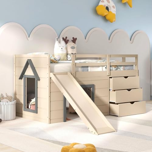 KOMFOTT Twin Low Loft Bed with 3 Storage Drawers & Underneath House, Wood Loft Bed with Slide, Ladder, Guardrails & Under-Bed Play Space, Kids Twin Loft Bed for Girls & Boys, No Box Spring Needed
