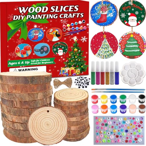 Collabell Christmas Ornament Craft Kit - 20Pcs Natural Round Wood Slices with Painting Supplies for Family, Make Your Own Wood Xmas Tree Decorations, DIY Homemade Wooden Ornaments & Holiday Decor