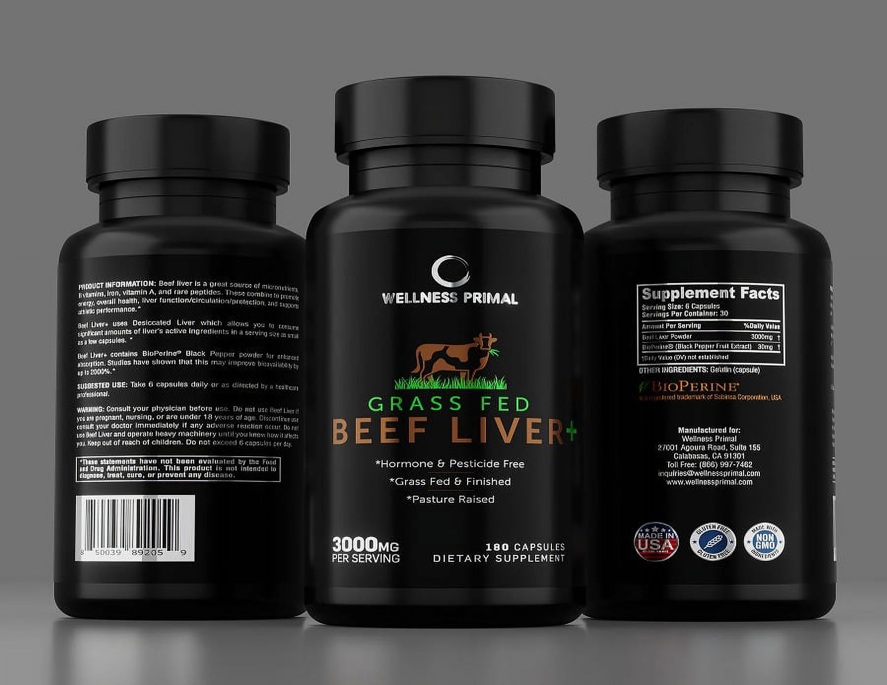 Wellness Primal Beef Liver Plus Supplement (Desiccated) Grass Fed , Argentinian Raised Cattle Natural Iron, Vitamin A, B12 for Energy (180 Capsules) (2 Bottle)