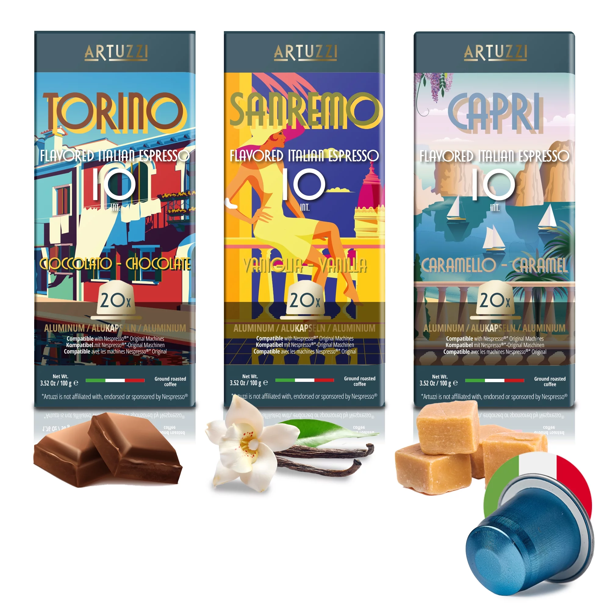 Artuzzi - 60ct Nespresso Compatible Coffee Pods (Aluminum) - Classic Flavors Vanilla Chocolate Caramel