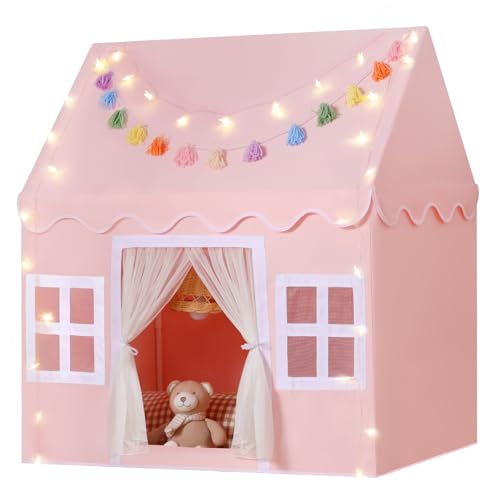 Kids Play Tent Indoor: with Mat, Tassel Garland, Star Lights - Toddler Girl Tent Indoor Playhouse for Toddlers Kids Toys for Boy Girl Birthday Gift