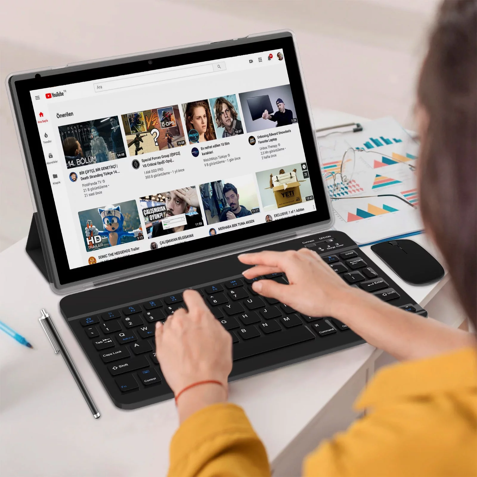 2 in 1 Tablet 10 Inch Android 12 OS Tableta, Tablets with Keyboard, Mouse, Case, Stylus, Tempered Film, 64GB ROM+4GB RAM, 8MP Dual Camera, Quad Core Processor, 6000mAh Battery, 10.1 IN FHD Tab black