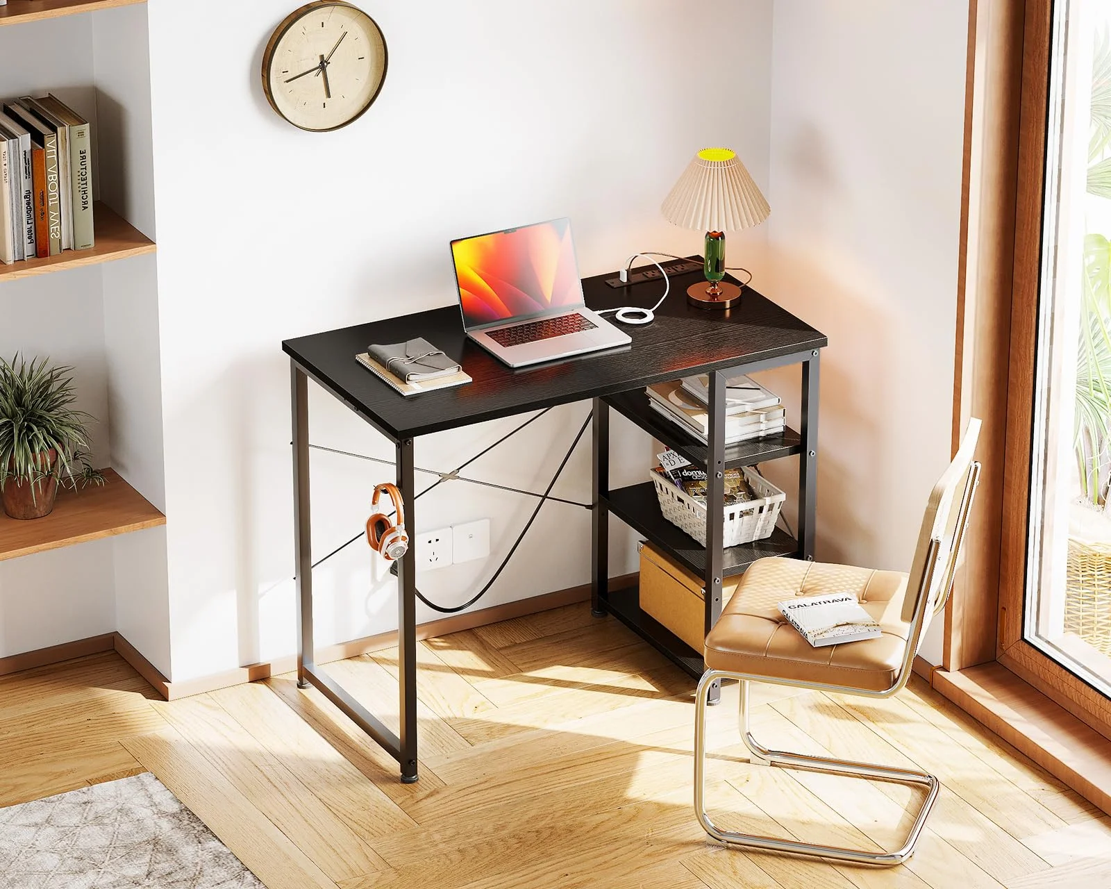 40 Inch Computer Desk with Power Outlet and USB Charging Port - Home Office Study Table with 3-Tier Reversible Storage Shelf - Writing Desk (40''x16''), Multiple Color Options