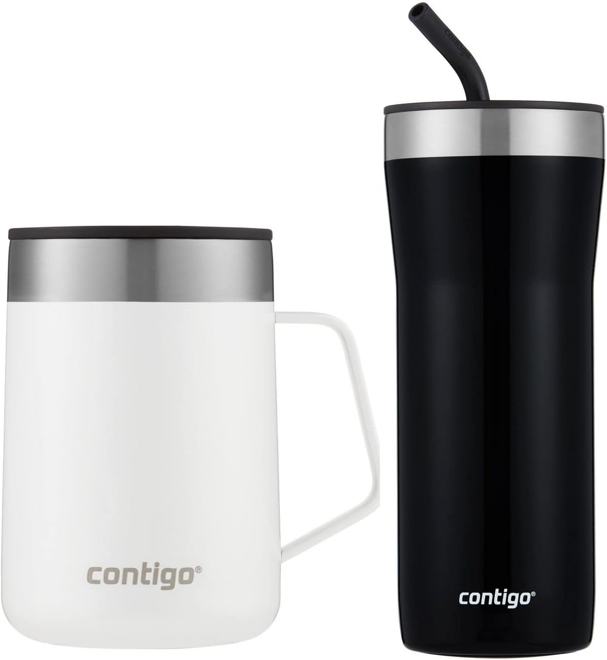 Contigo Insulated Tumblers Travel Mug Set - Streeterville 14 oz. Stainless Steel Tumbler with Handle in Salt White and SNAPSEAL 16 oz. Insulated Stainless Steel Travel Mug in Licorice