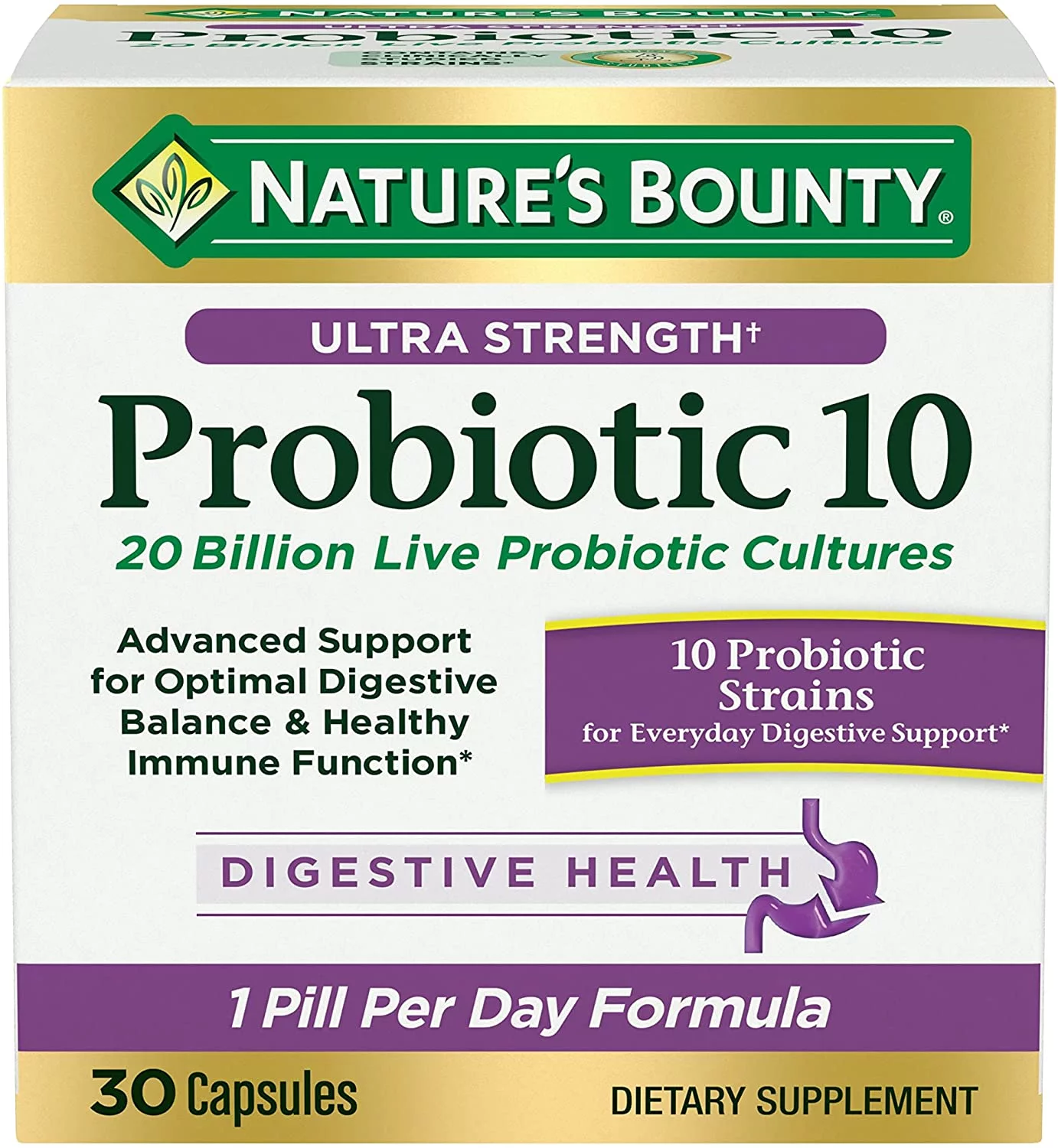 Nature's Bounty Ultra Strength Probiotic 10 Capsules for Digestive Health, 30 Count - Pack of 3
