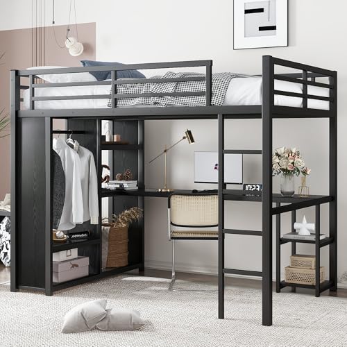 Queen Size Modern Metal Loft Bed with Wardrobe and L-Shaped Desk,Storage Cubes and Shelves,for Kids Teens Adults Bedroom Use (Black#h, Queen)