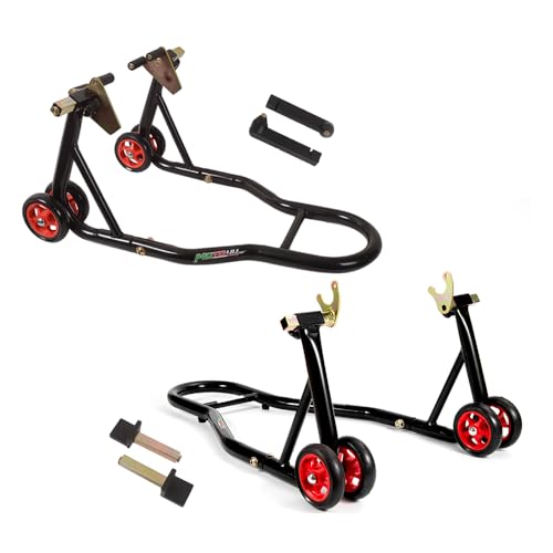 MOTO4U Motorcycle Front & Rear Stand, Front Rear Combo Stand Universal Wheel Lift Stand Swingarm Spool Lift Stand Paddock Stand (Red Wheel)
