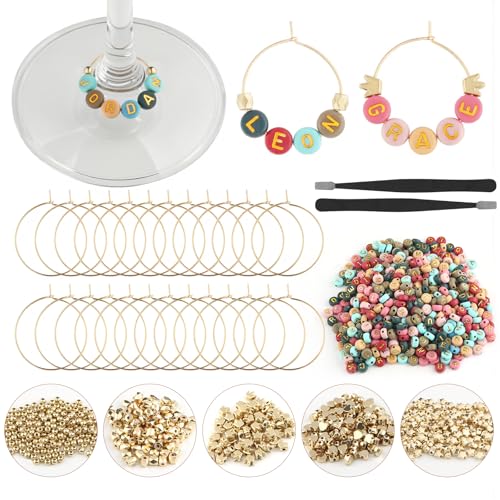60 Set DIY Wine Glass Charms, 1040 Letter Beads 300 Gold Bead Charms 60 Rings for Stem Glasses, Personalized Wine Glass Markers Tags for Wedding Party Decorations (White)