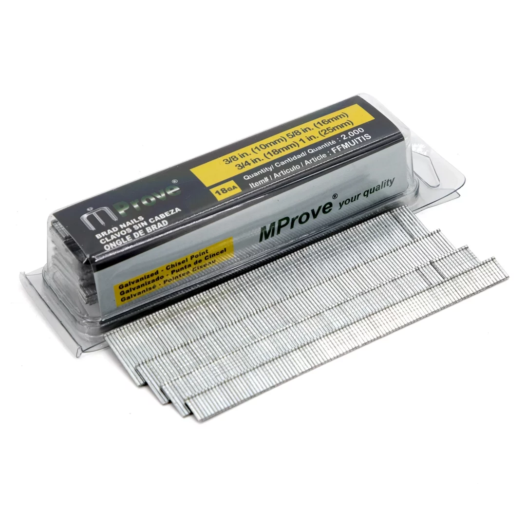 MProve Heavy Duty 18-Gauge Brad Nails Multi-pack (3/8in 5/8in 3/4in 1in ) - 2,000 Nails Electro-Galvanized for Funiture, Beading and Framing.