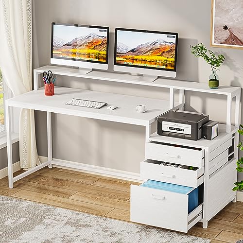 Tribesigns 63 Inch Computer Desk with File Drawer Cabinet, Ergonomic Office Desk with Monitor Stand, Industrial Computer Table with Printer Space, Wood PC Table Workstation Desk for Home Office