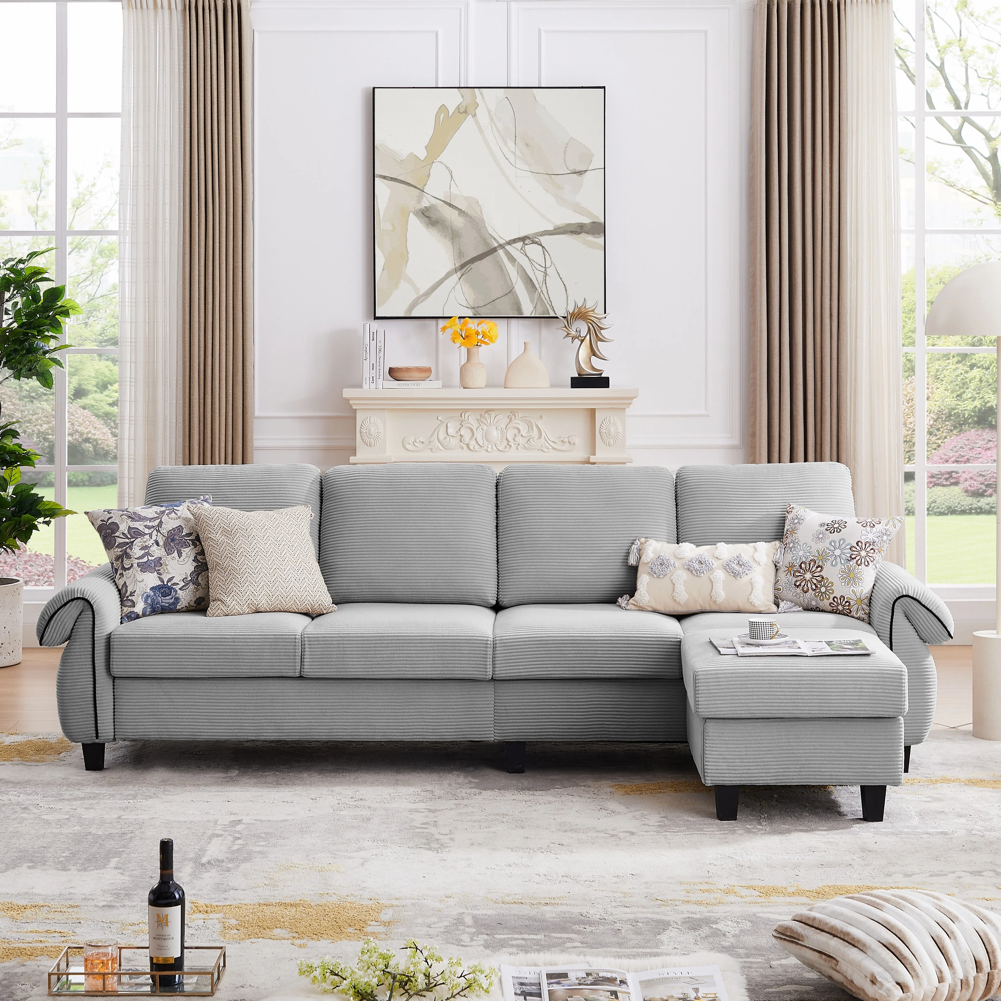 Jarenie 110.02 in. W Rolled Arms 4-Seat L Shaped Soft  Corduroy Fabric Modern Sectional Sofa with Reversible Ottoman Grey