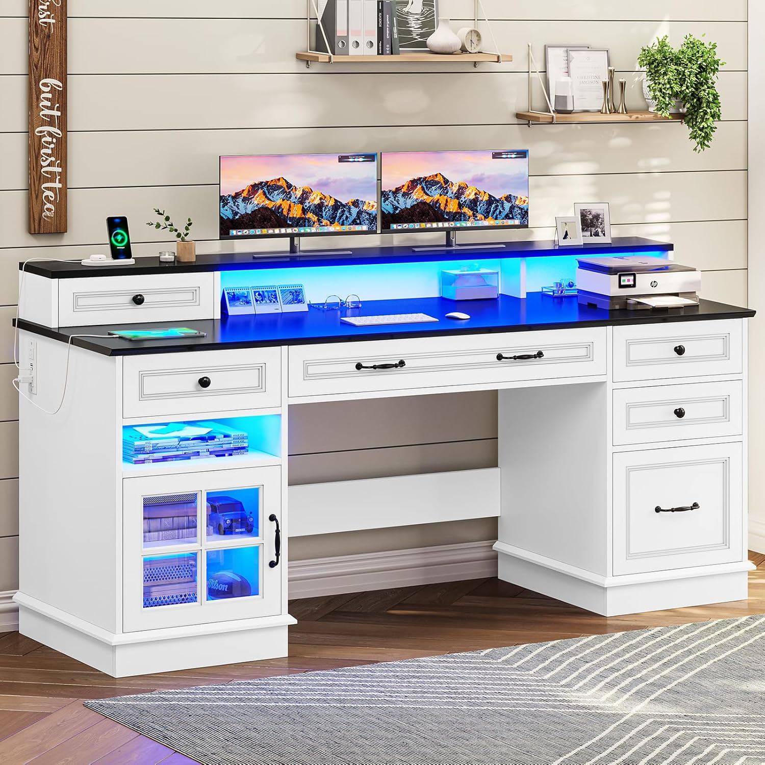 Executive Desk, Computer Desk with Drawers & Storage Cabinet, Home Office Desk with File Drawer & Monitor Stand, Writing Desk with Charging Station & LED Lights, White