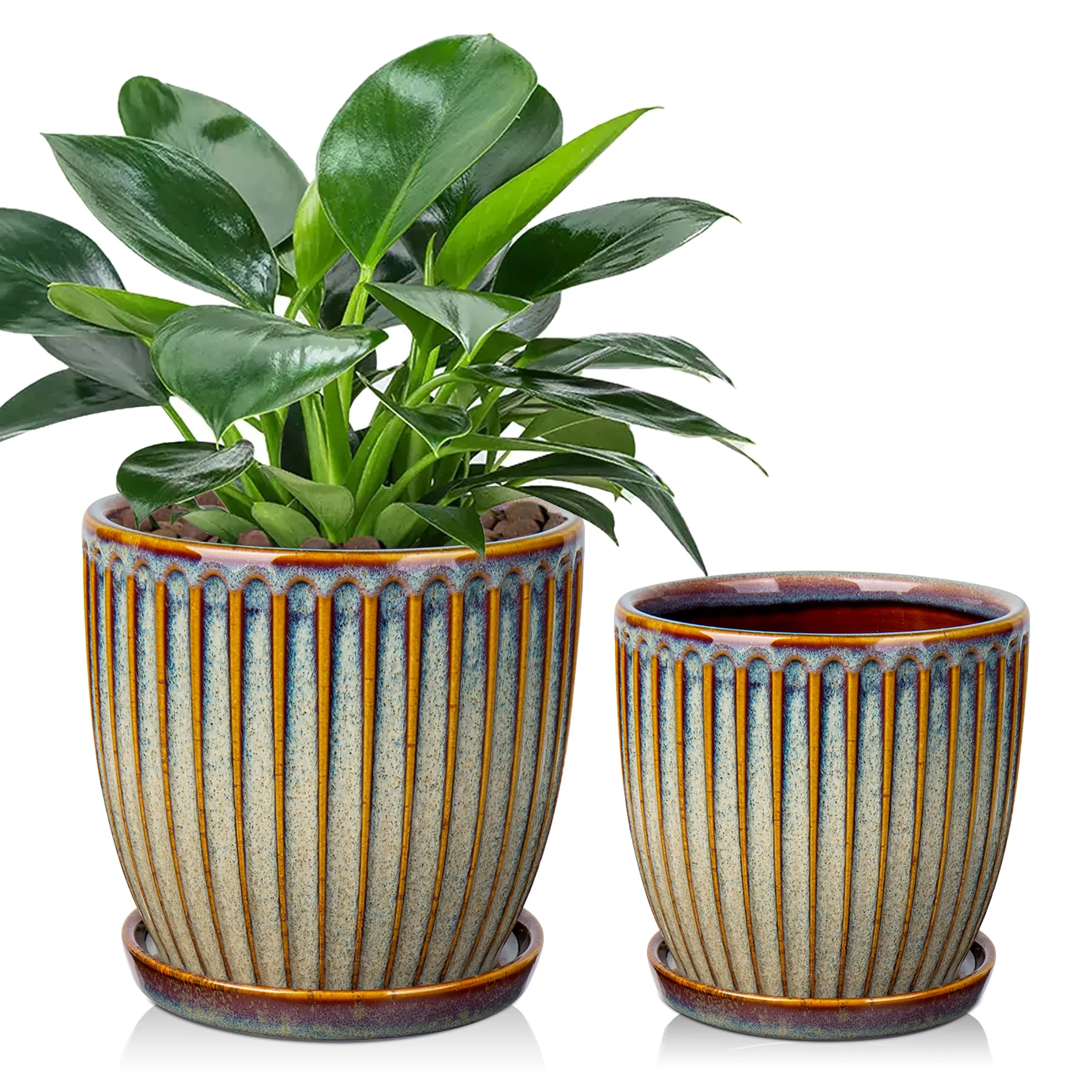 2 Pcs Ceramic Pots 4.9 &5.7 inch Plant Flowers Pots with Saucer and Drainage Holes Brown(Plants are NOT Included)